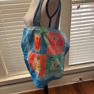 Blue Tote Bag with Colorful “cocktail weather” Print